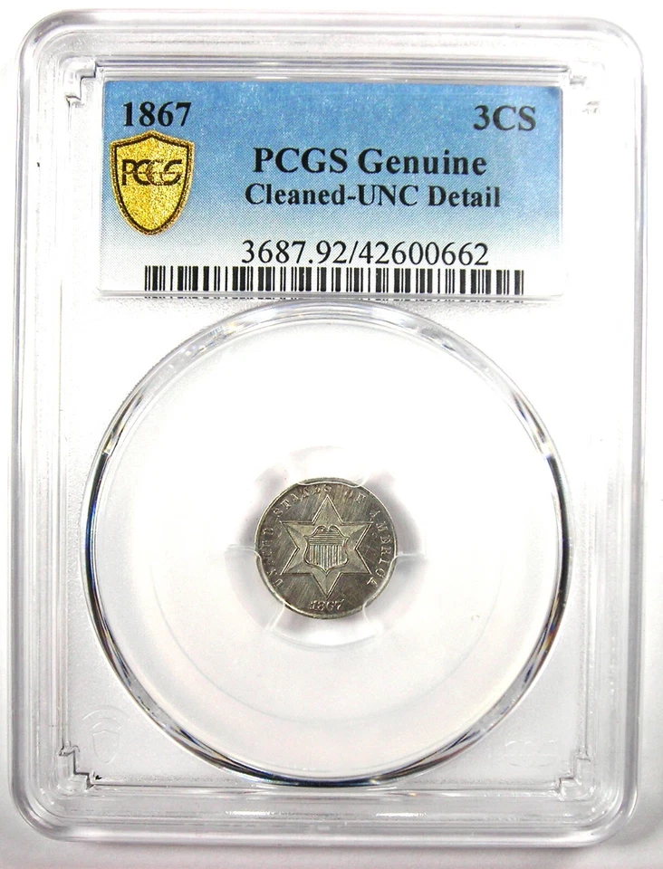 1867 Three Cent Silver Coin 3CS - Certified PCGS UNC Details (MS) - Rare Date! - Image 2 of 4