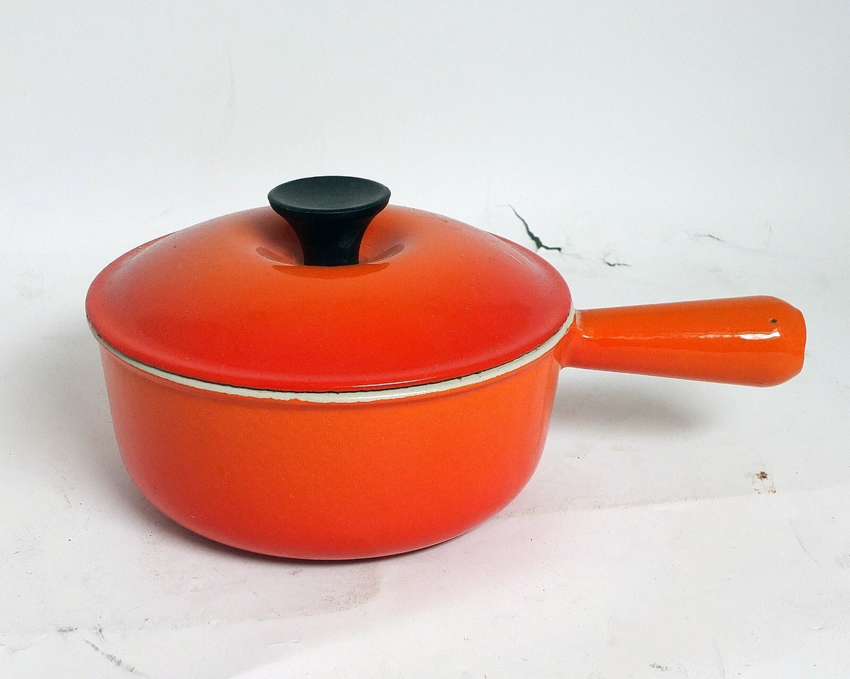 Le Creuset # 18 Red Orange Cast Iron Sauce Pan Pot FRANCE Vintage