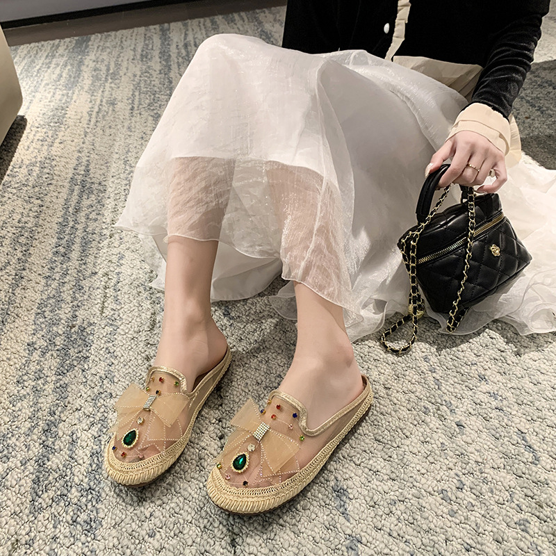 PANTOFOLA D’ORO Scarpe singole strass fiocco donna nuove testa tonda tacco basso pigre comode scarpe