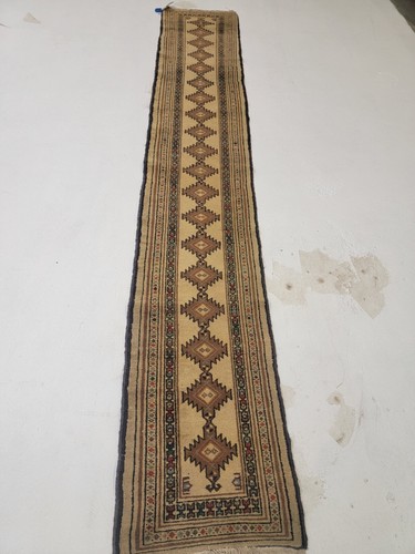 Antique Oriental Hand-Knotted Wool Runner Beige/Light Brown/Green 1'5" x 8'4"