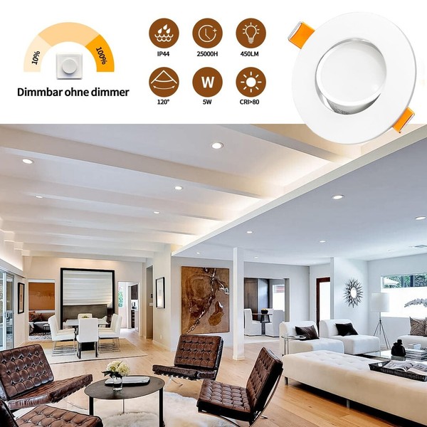 6 X Focos empotrables LED KYOTECH regulables planos 5W 230V IP45