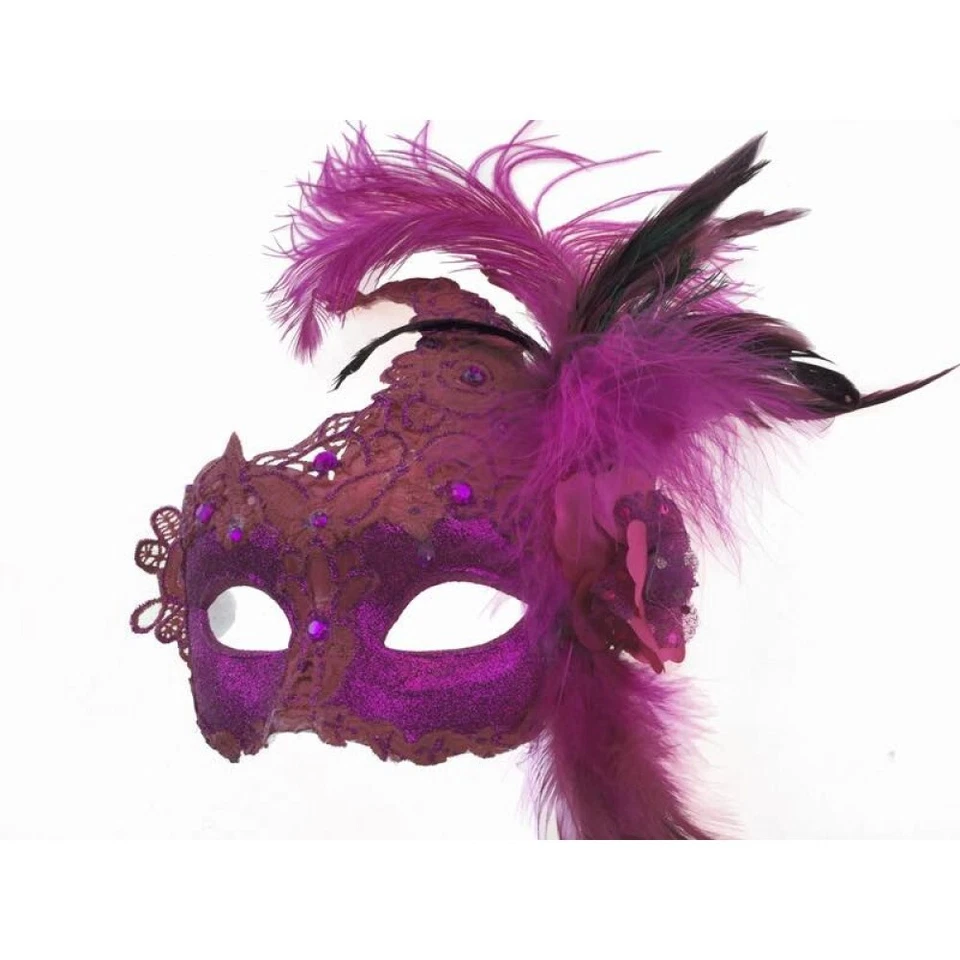 HOT PINK Feather Swan Women Masquerade Mask Mardi Gras Party Resin Mask  - Image 2 of 3