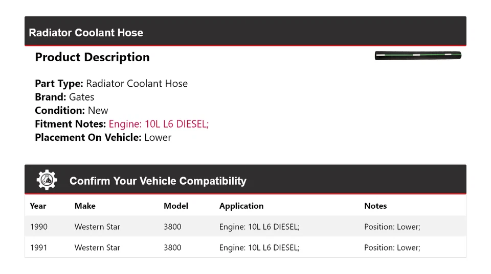 Manguera de refrigerante de radiador diésel Western Star 3800 10L L6 1990-1991 puertas inferiores Foto 2 de 4