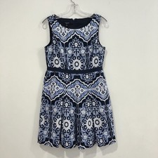 Talbots Blue White Floral Geometric Pockets Sleeveless Dress Size 10
