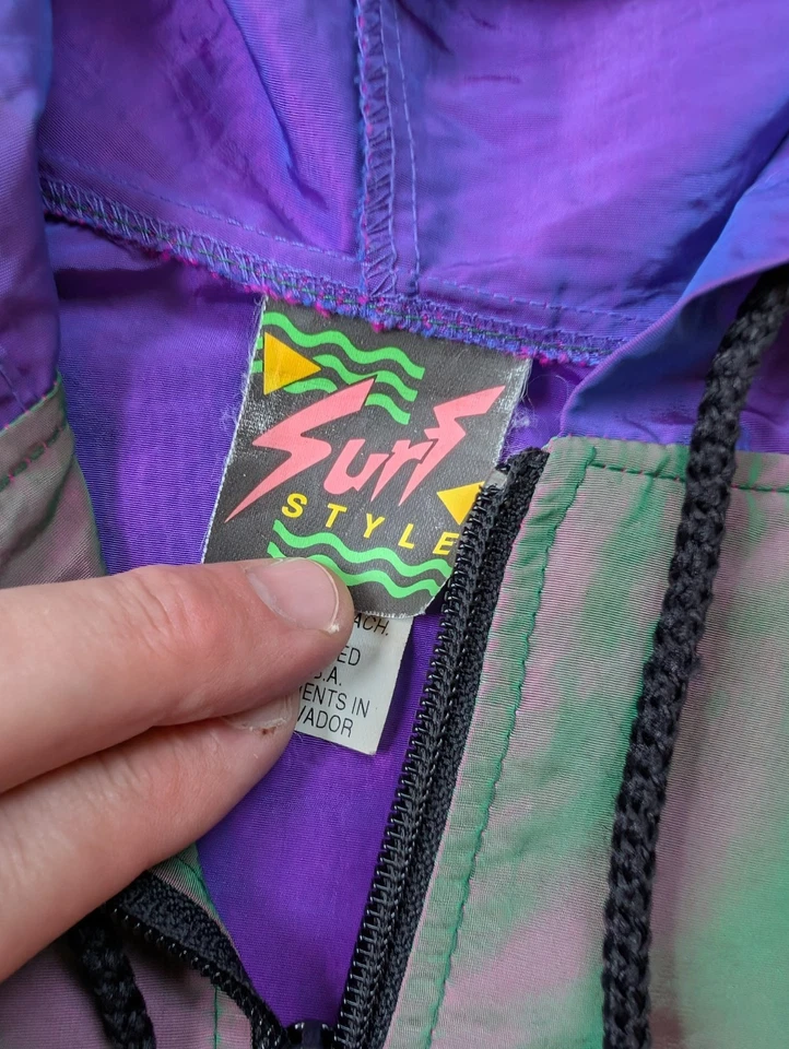 Vintage Surf Style No Fear Jacket One Size Purple 1/4 Zip Hooded Windbreaker - Image 4 of 4