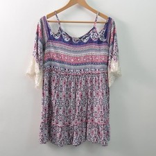 Umgee Dress Womens Large Purple Lace Accent Cold Shoulder Cotton Blend