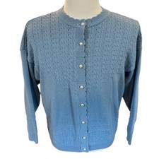 Vintage Blue Pointelle Knit Cardigan with Pearl Buttons