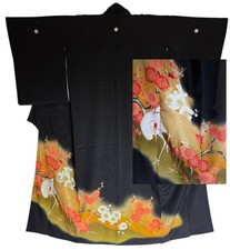 Vintage Japanese Black Tomesode Silk Kimono Gold Embroidered Cranes Plum Blossom