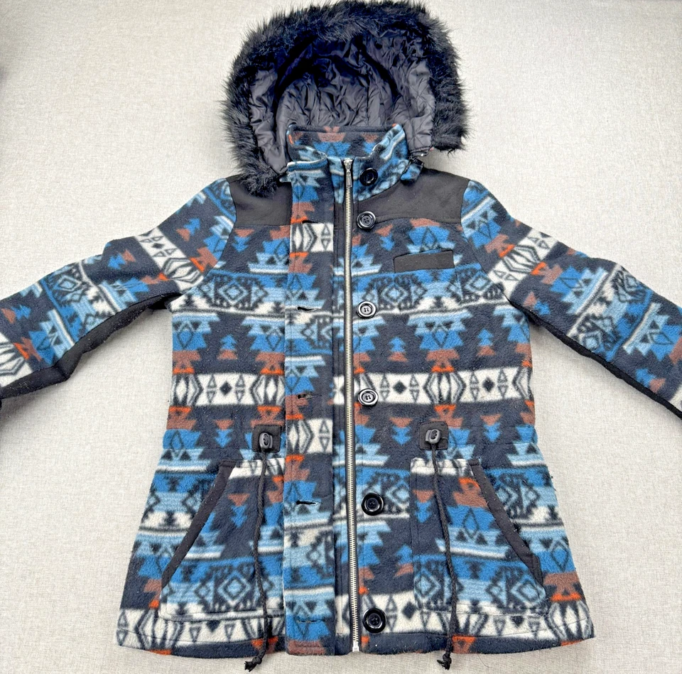 Chaqueta JOUJOU Azul Azteca Western Southwest Para Mujer Mediana Borde de Piel Capucha Extraíble Foto 3 de 4