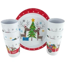 Christmas Holiday Kids Melamine Plates & Cups Set of 12 Peppermint Square NEW