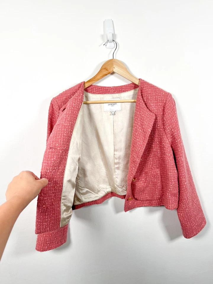 Chaqueta LK Bennett Allie Tweed 18 Blazer Boucle Texturizado Forrado Formal Sin Cuello Foto 3 de 4