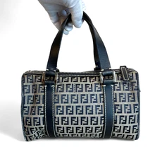 Fendi Small Boston Handbag FF Zucca Zucchino Canvas Navy Authentic USED Italy