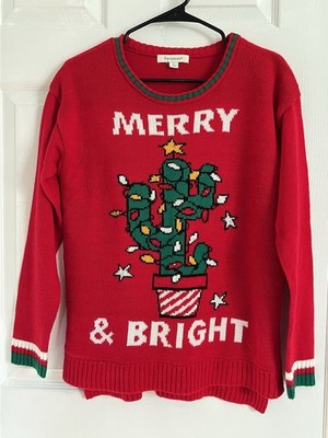 Francescas Ugly Christmas Sweater Womens Small Red Merry & Bright Cactus Holiday