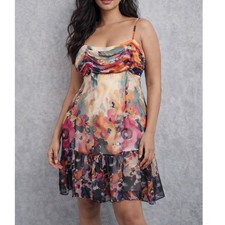 NINE WEST Multicolor Floral Chiffon Dress Ruched Spaghetti Strap Mini Dress 14
