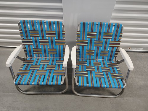 Set Of 2 Chairs Vtg Aluminum Folding Beach Lawn Patio Short Webbed Low Profile