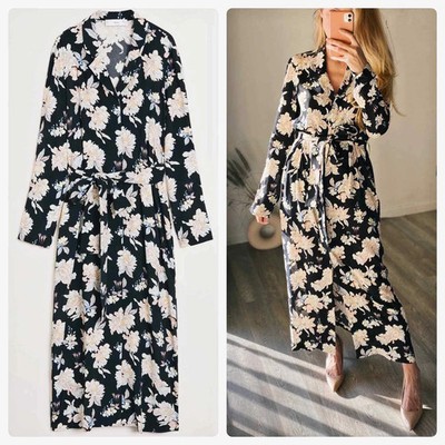 Mango MNG Shirt Dress Medium Black Floral Midi Maxi Cottagecore Romantic Goth