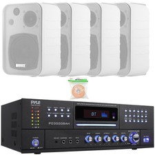 Pyle 2 Mic Home Audio Amplifier, 4x 4" 30W 3-Way Indoor/Outdoor Box Speakers