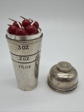 VTG Art Deco Mini Cocktail Shaker Set With 6 Forks Cherry Silver Plate Lid MCM