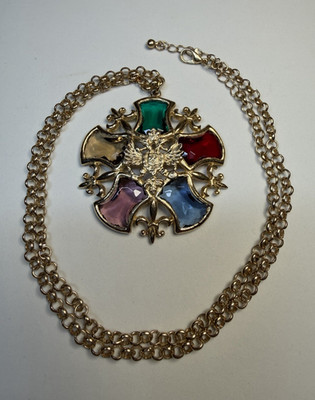 Vintage Russian Imperial Style Heraldic Eagle Brooch Pendant Large Glass Stone 