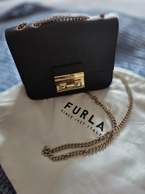 Furla Metropolis Textured Leather Silver Chain Strap Mini Crossbody Bag Black