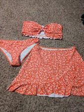 3 Piece Ladies Swimwear Size Large Floral Orange Pre Owned