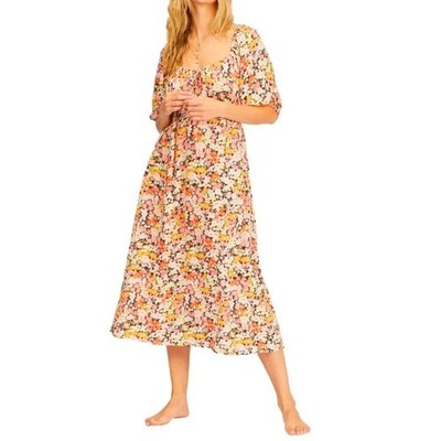 Billabong True Romance Puff Sleeve Midi Dress SML Multi Floral Cottage Boho Chic