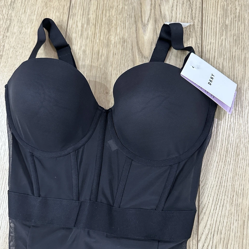 NEW DKNY Women's Size 34D Sheers Strapless Mesh-Panel Thong Bodysuit Black - Image 3 of 4