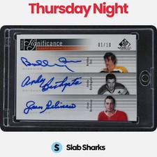 2011 SP GAME USED BOBBY ORR BATHGATE JEAN BELIVEAU TRIPLE SIGNIFICANCE AUTO 1/10