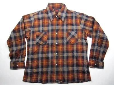 Vtg NOS Deadstock 60s 70s Flannel Print Shirt Plaid Haband Pinned 100% Cotton L - Image 1 of 4
