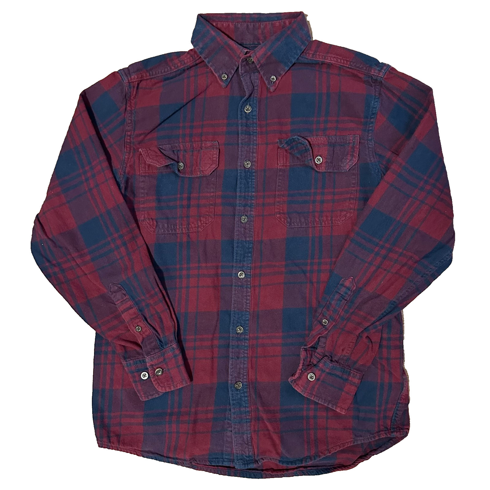 Faded Glory Casual Button Down Mens Small Red Navy Plaid Y2K Flannel Shirt