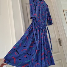 Hamells London Vintage 1980s Dress Blue Abstract Belted Pleated Empire Waist 14