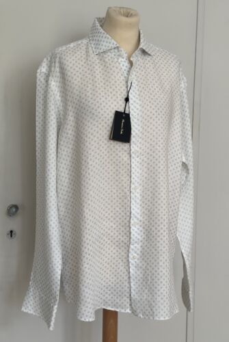 Mens Massimo Dutti White Linen Shirt Blue Floral Pattern Size XL NEW WITH TAGS - Picture 2 of 14