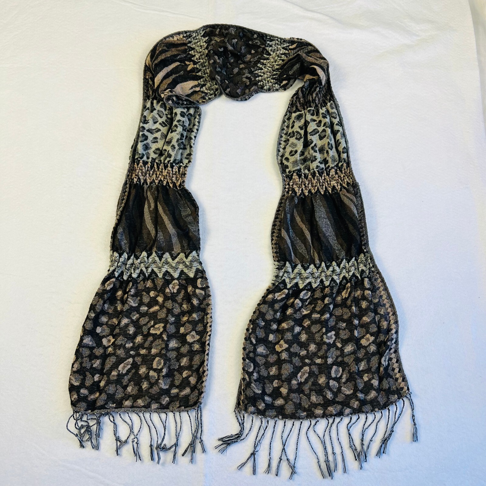 Scarf Multiple Patterns Black Gray Brown Fringe L… - image 1