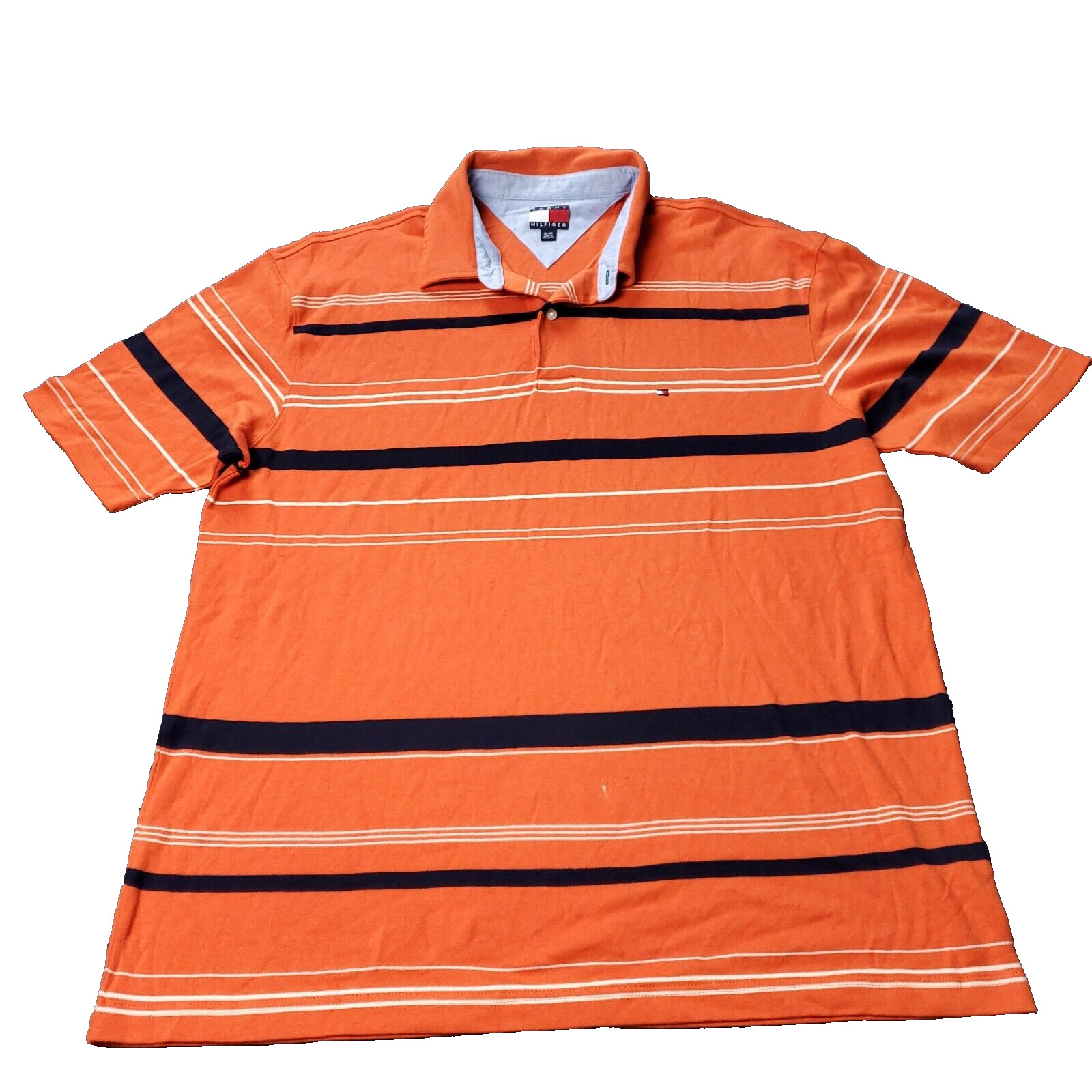 VINTAGE 90s Tommy Hilfiger Shirt Mens XL Short Sleeve Orange Polo Striped Box