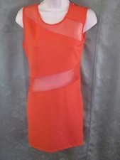 Poof Couture Dress Size Medium Stretch Knit Sheer Mesh Inserts Bright Coral NWOT