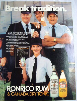 1983 Ad Ronrico Rum & Canada Dry Tonic Break Tradition with Baseball  Umpires