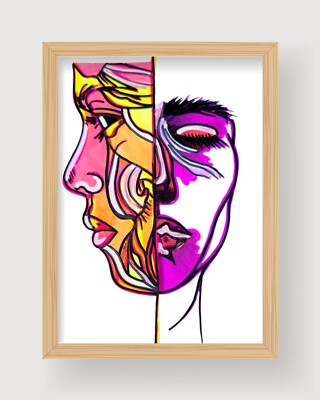 Faces Drawing Unframed Hand-Colored