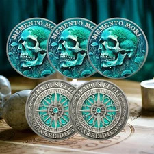 5pcs Memento Mori Skull Coin Tempus Fugit Carpe Diem Compass Embrace Life Time