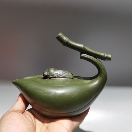 6.2"Chinese Yixing Zisha Pottery Green Clay 280CC Hand Made Bamboo Cicada Teapot - 第 1/9 張圖片