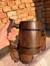 Handmade Set 2 Beer Mug Wooden Viking Beer Cup Tankard Wood Gift Beer Mug 0.65 L
