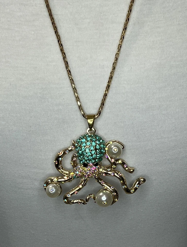 Betsey Johnson Large Octopus Statement Necklace Aqua & Earrings Faux Pearls - Image 2 of 4