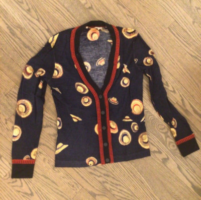 TORY BURCH navy  red beige  straw hat print sweater size XS