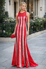 Scala Ashley Lauren Red Silver Beaded Sequin Striped Silk Mesh Satin Gown sz 0