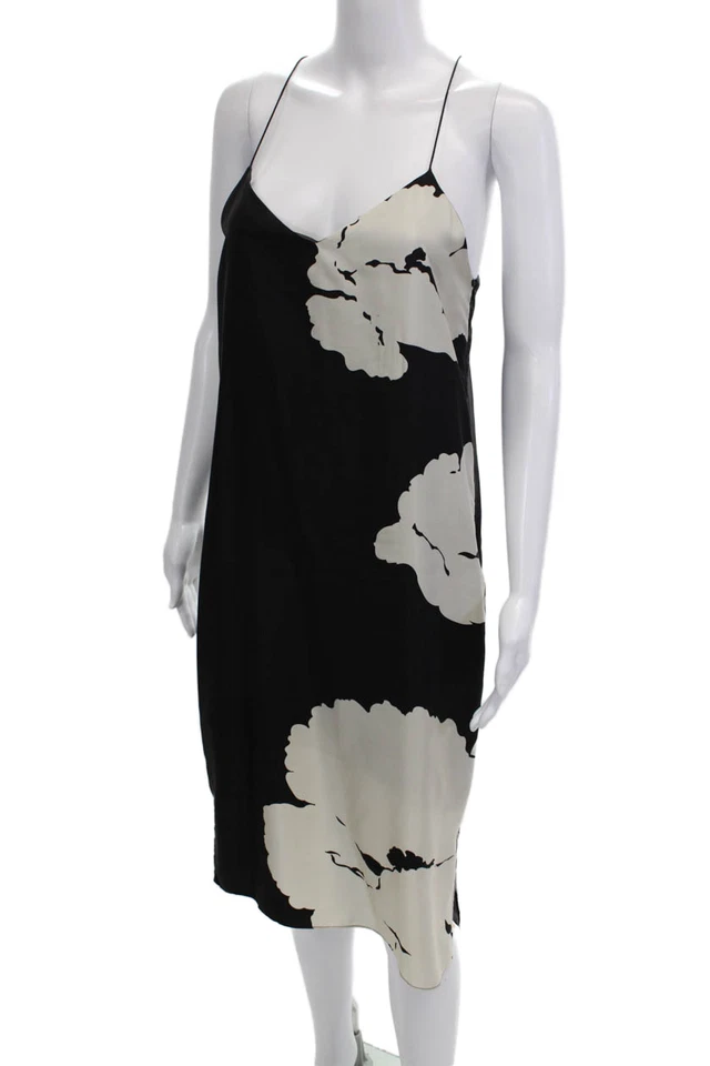 Tibi Womens Spaghetti Strap V Neck Floral Silk Dress Black White Size 2 - Image 2 of 4