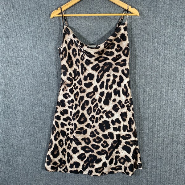 WISH Dress Womens 10 S Beige Black Mini Slip Leopard Print Satin Formal Evening