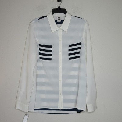 Anne Klein Women's White Front Collared Striped Back Semi Sheer Blouse XL B77
