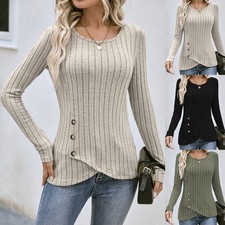 Women's Solid-Color Crew-Neck Button-Front Long-Sleeve Tops