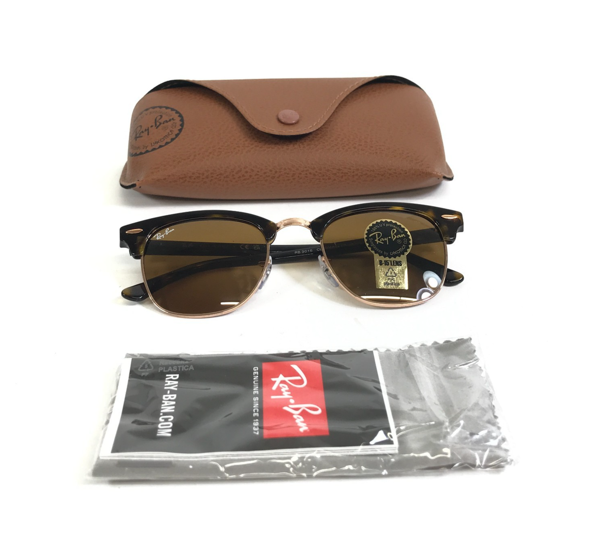 Ray-Ban Sunglasses RB3016 CLUBMASTER 1309/33 Polished Havana w B