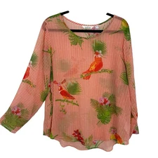 Lemon Way Sheer Chiffon Top Size XL Tropical Bird Parrot long Sleeve Pullover