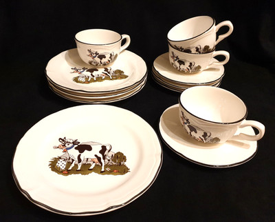 Zeller Fayencerie Germany '' Kuh '' Motiv: 4x Tasse, Untertasse, Teller TOP!